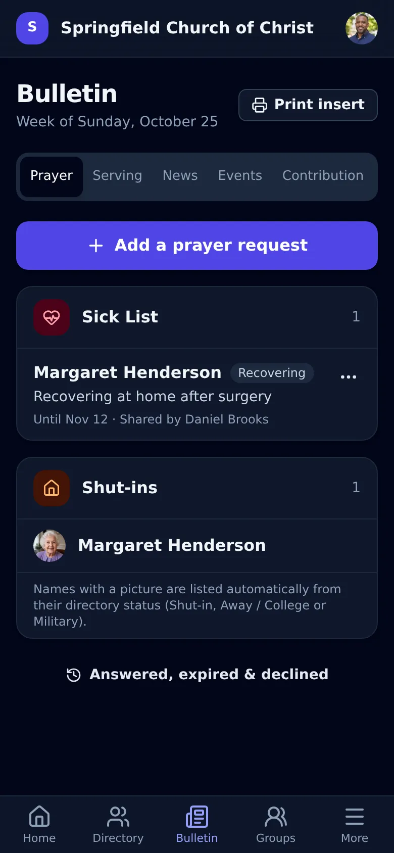 The bulletin's prayer list