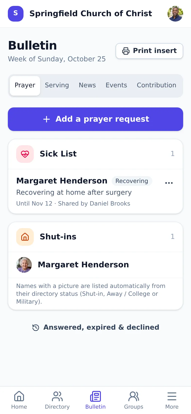 The bulletin's prayer list