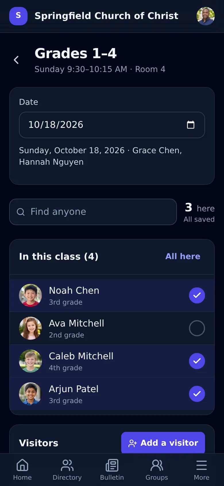 A Bible class by grade: its teachers and the children checked in