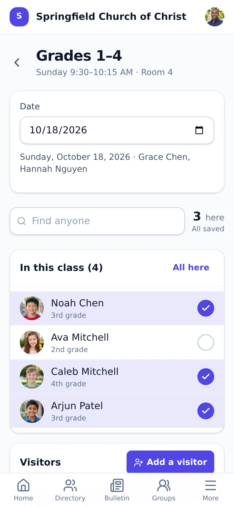 A Bible class by grade: its teachers and the children checked in