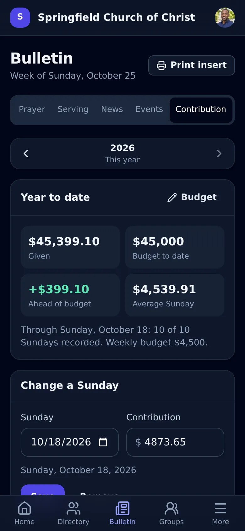 Each Sunday's contribution against the weekly budget, with the year to date