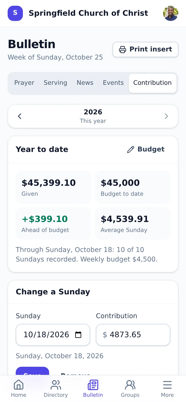 Each Sunday's contribution against the weekly budget, with the year to date