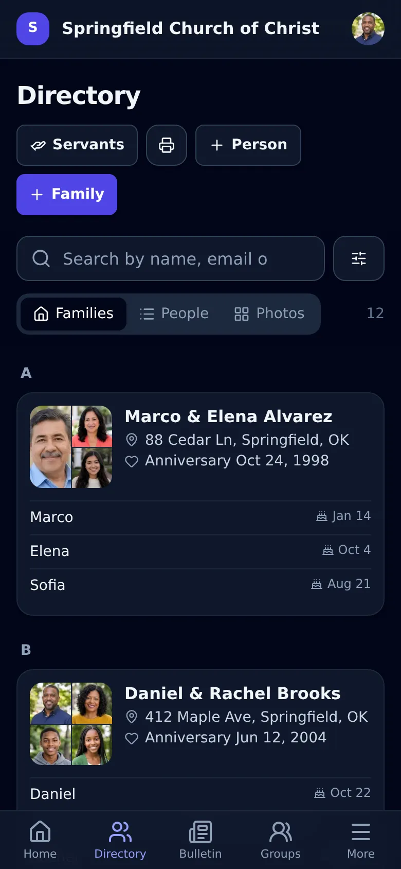 Directory of families with photos and names