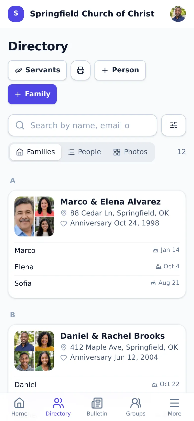 Directory of families with photos and names