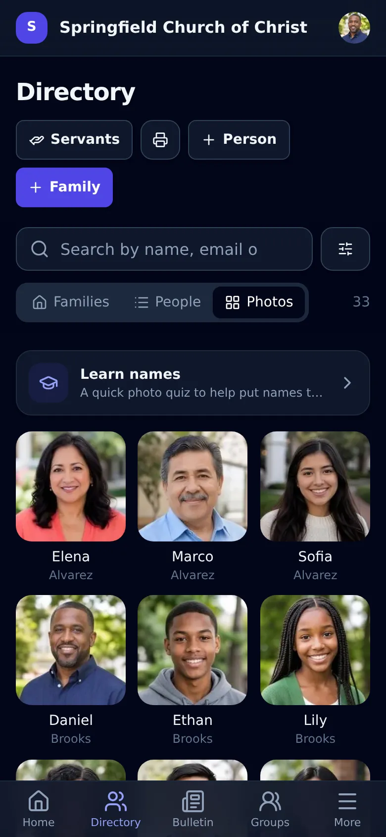 Photo directory: a grid of member photos with names