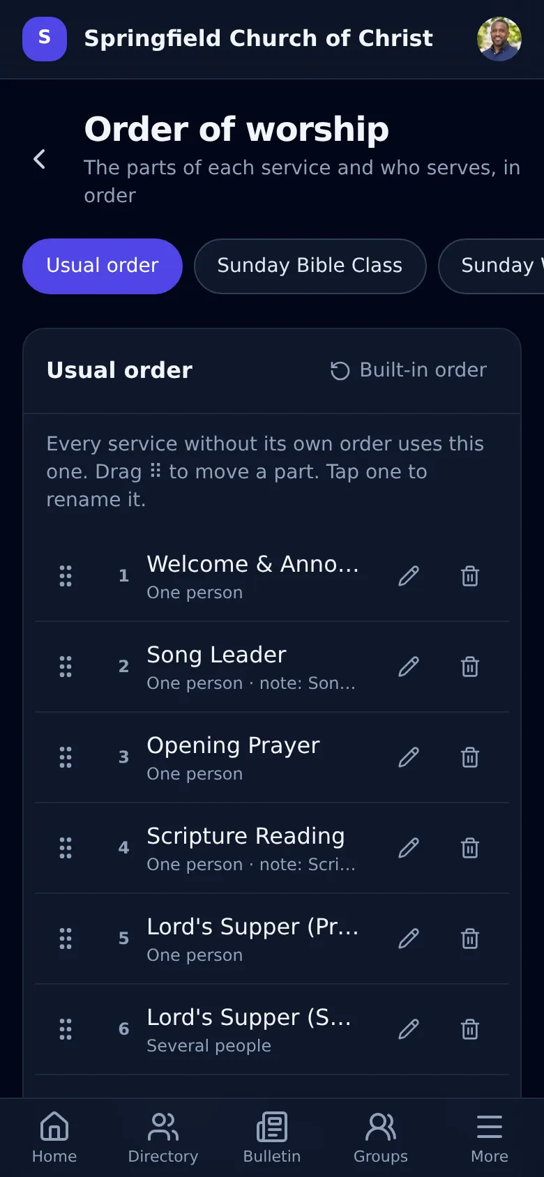 Order of worship, arranged by dragging each part into place