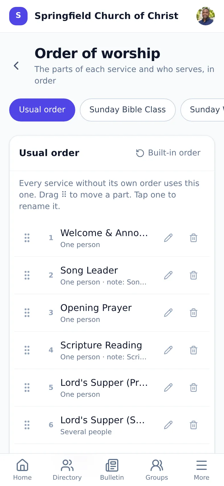 Order of worship, arranged by dragging each part into place
